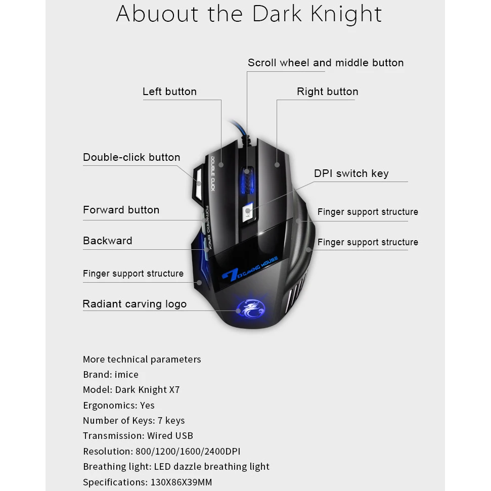 IMice X7 Бесшумная игровая мышь для геймера проводная компьютера ПК ноутбука