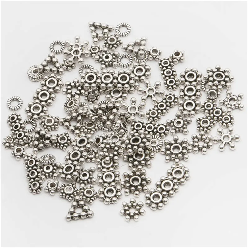 

200pcs/lot Mixed Flower Spacer Beads Charm Silver Plated Bead DIY Bracelet Making Jewelry Accessories Wholesale 4.5mm-16mm
