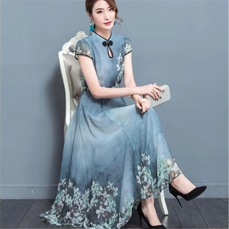 Новое Женское летнее платье Qipao элегантное винтажное праздничное шифоновое