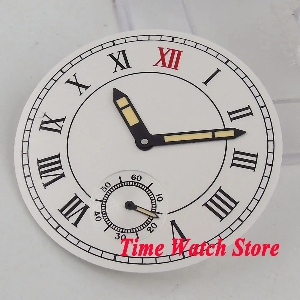 

38.9mm white sterial dial Roman numerals Watch dial fit ETA 6498 hand winding movement +luminous hands D103