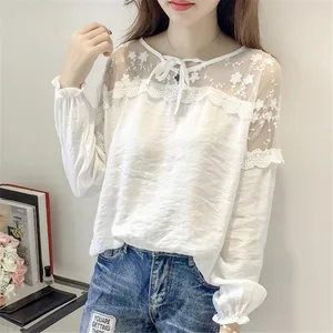 Женская блузка из хлопка и льна на весну и осень, белая кружевная блузка с бантом и вышивкой, женская рубашка с длинным рукавом, большие размеры 4XL A788