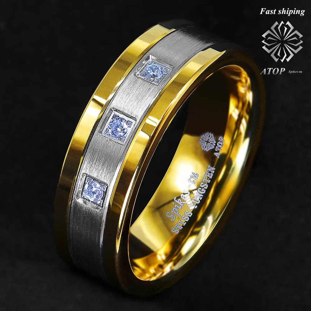 Серебряное вольфрамовое кольцо 8 мм с матовым покрытием 18K золотые бриллианты