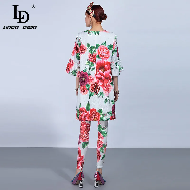 LD LINDA DELLA Autumn Fashion Runway Pants Suit Sets Women's Appliques Floral Print Long Pants Suit Two-Pieces Set