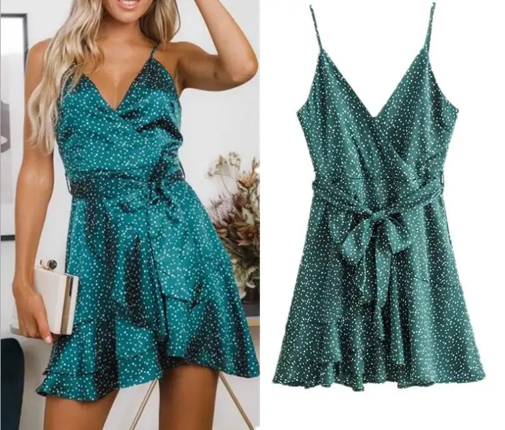 Женское короткое платье с открытой спиной красное Повседневное в горошек на