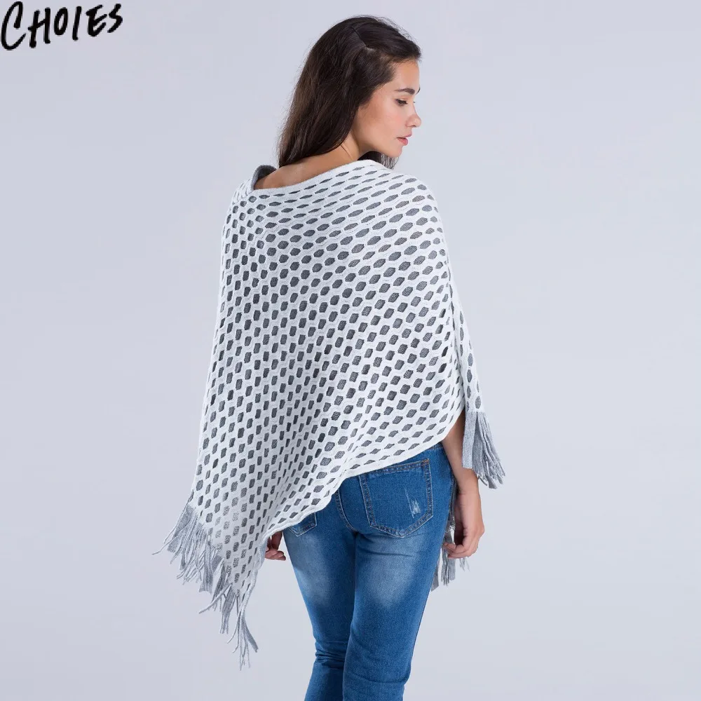 CHOIES женское Вязаное пончо с кисточками белое вырезами вязанное крючком
