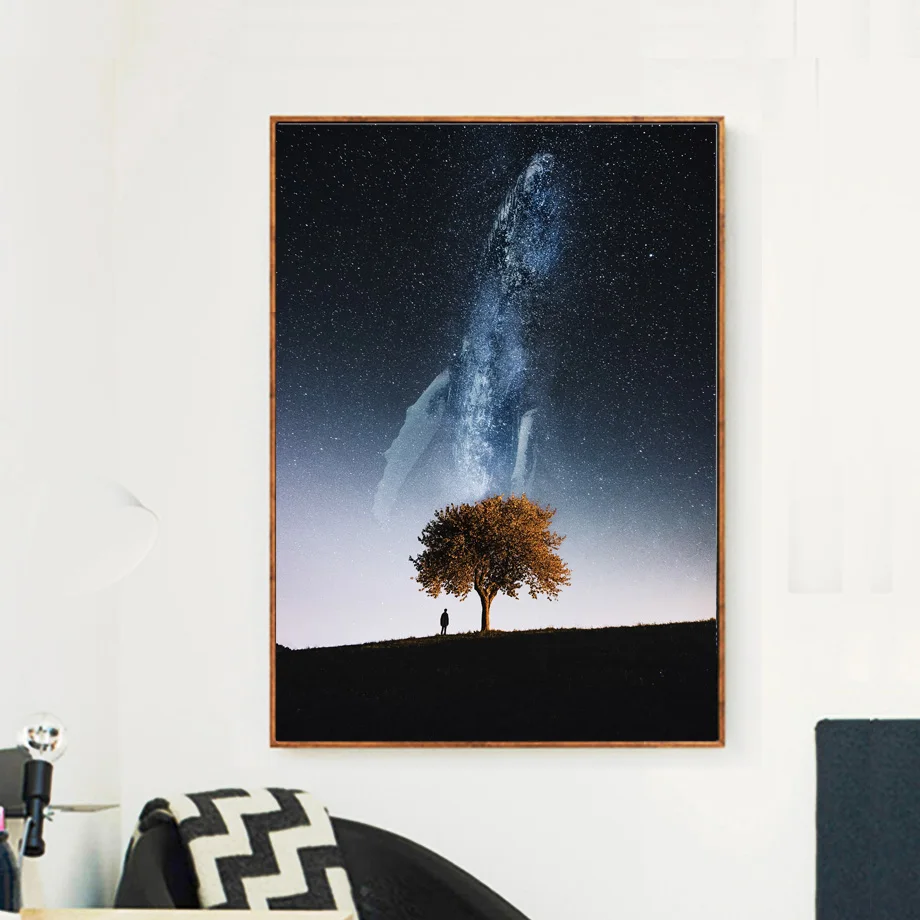 Красочная Картина на холсте для мальчиков галактика Кит дерево скандинавские