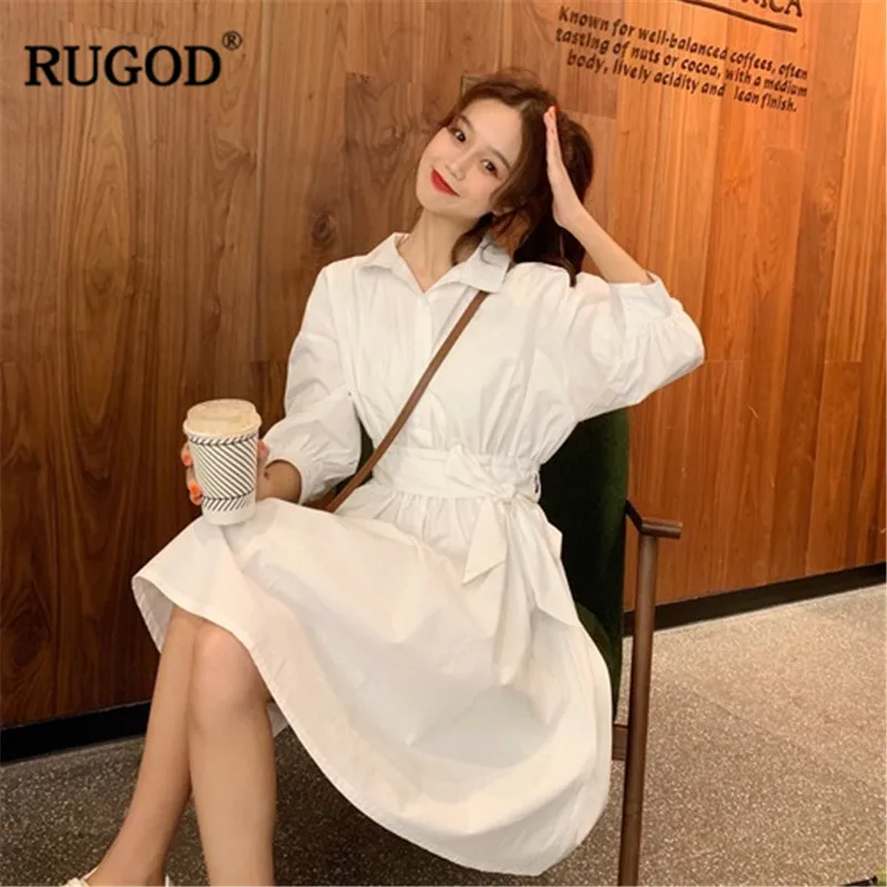 Женское платье RUGOD 2020 однотонное приталенное с отложным воротником длинными