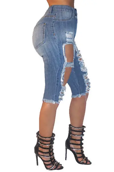 

2018 Fashion Korean Women Female Big Hole Knee Length High Waist Jeans Stretch Feet Pencil Blue Pants Jeans