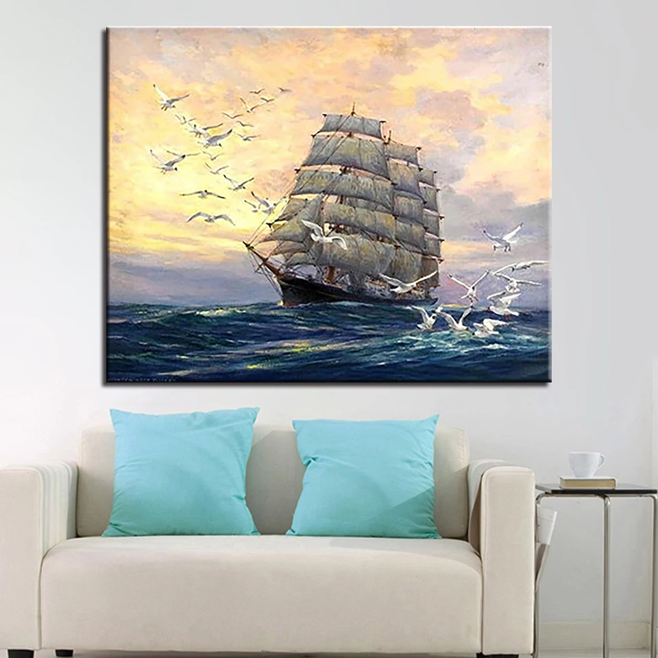 Парусная лодка живопись по номерам DIY Рисунок морская волна масло холст домашний декор настенные художественные наборы раскраска корабль морской пейзаж картины в рамке