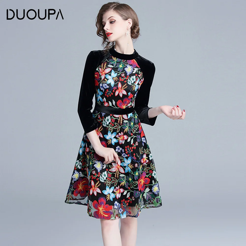 Duoupa 2019 новая весна Женщины платье с вышивкой рукавами из бархата заплатками