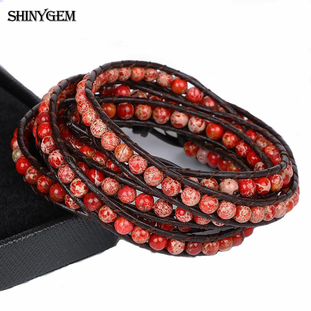 Браслет женский многослойный Плетеный Кожаный браслет с круглыми бусинами 4 мм