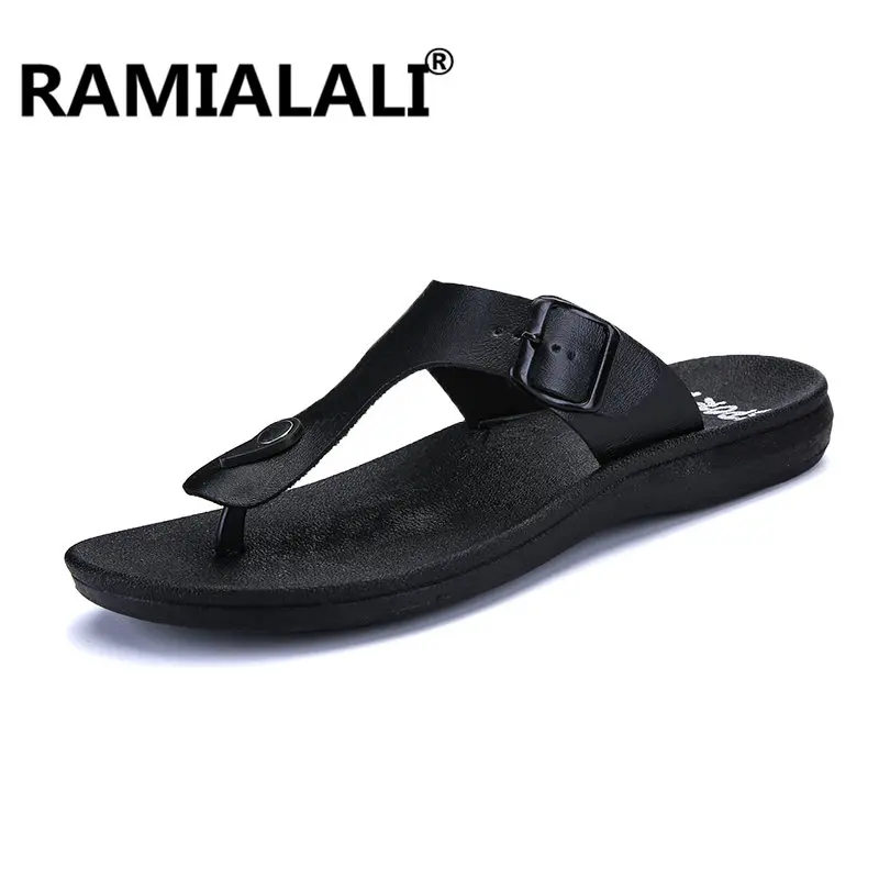 Черный Ramialali/мужские кожаные Вьетнамки; коллекция года; пляжные шлепанцы для мужчин; летняя повседневная мужская обувь; Sandalias Sapatenis Masculino - Цвет: Черный