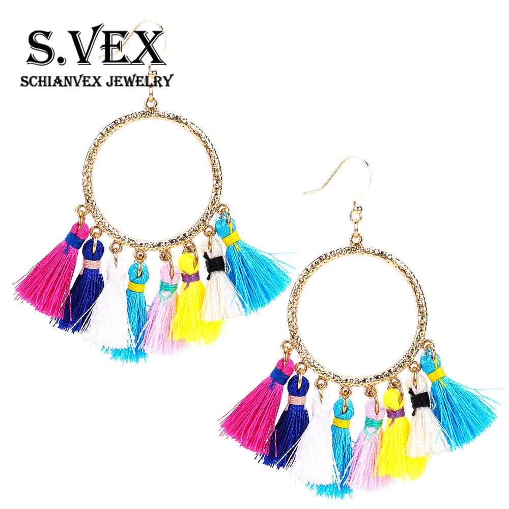 S.VEX Vintage Color Design Tassel Earrings Big Peace Shaped for Women Statement Oorbellen Jewelry Charm Stud | Украшения и