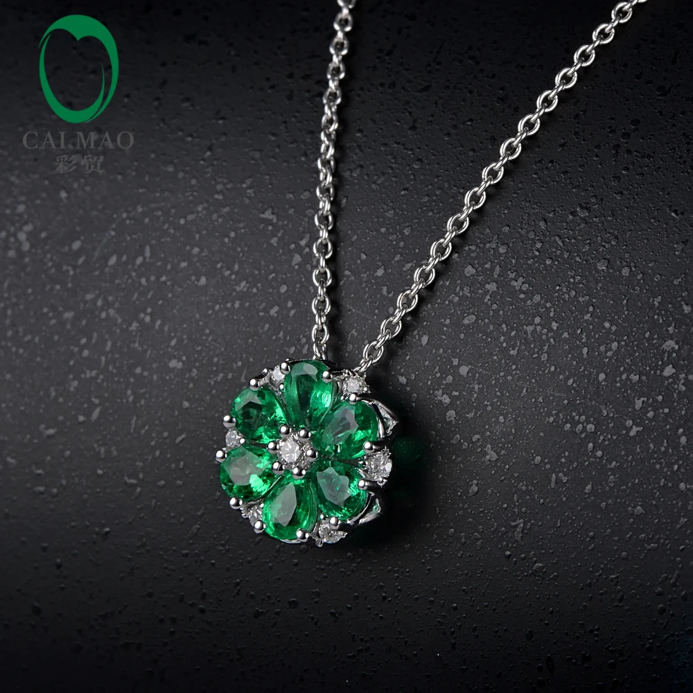 Caimao ювелирные изделия натуральный 1.42CT изумруд H SI алмаз обручальное 14 k кулон из белого золота цепь