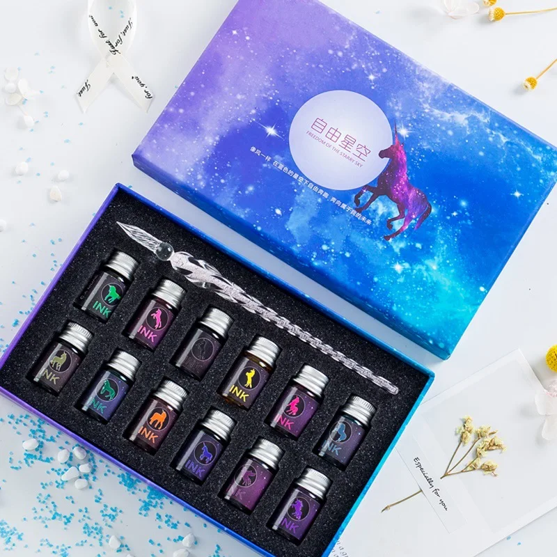 Big gift box B JUGAL прозрачная стеклянная ручка звездное небо Dip Ручка Блеск порошок ручка чернила Подарочная коробка набор пишущий инструмент перьевая Dip Ручка подарочная коробка - Цвет: Big gift box B