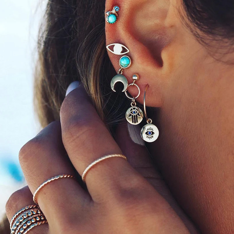 Новая Мода Boho 5 шт./компл. Комплект сережек для женщин Синий Камень Луна Пальма