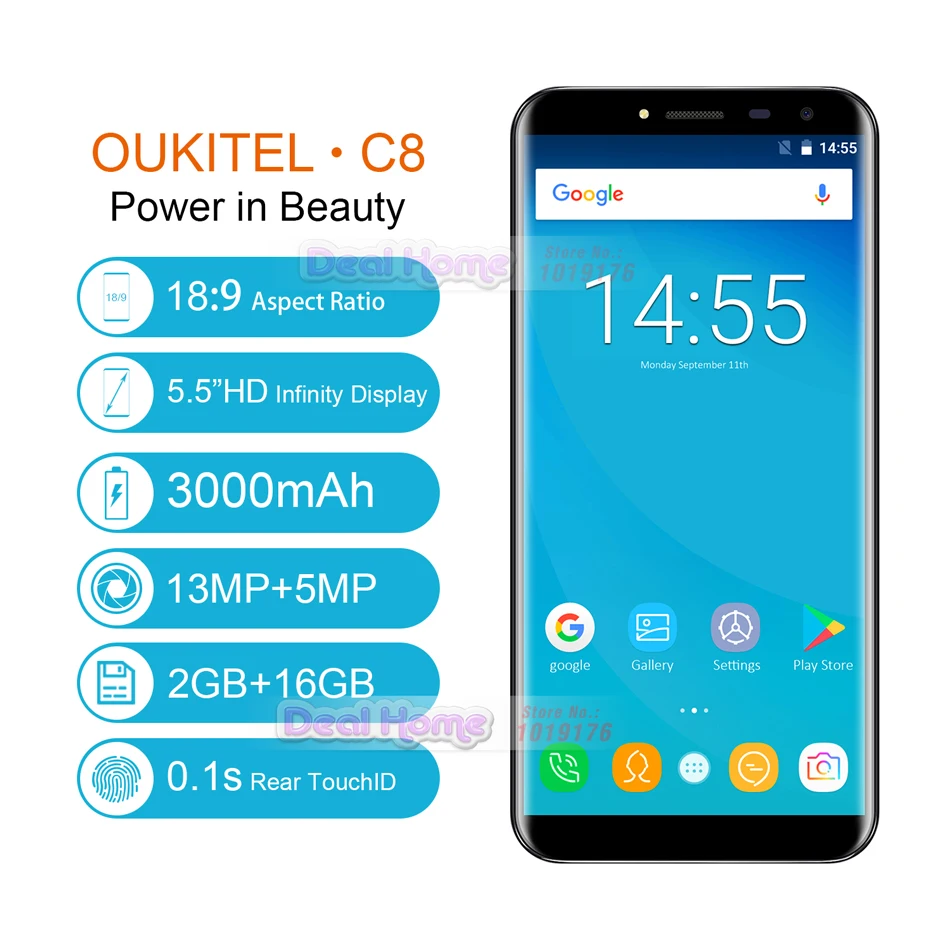 Oukitel C8 соотношением сторон 18:9 Мобильный телефон 5.5 дюймов HD mt6580a 4 ядра 2 ГБ/16 ГБ 13MP