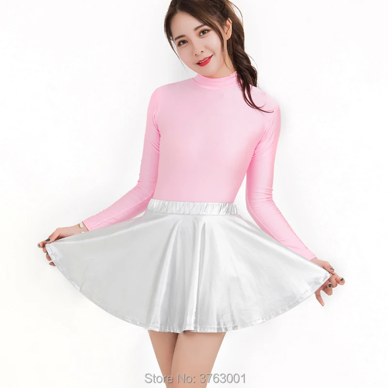 New Women's Disco Shiny Metallic Ballet Mini Skirt Adult Ballroom Dance Figure Skater Dress Flared Pleated Modern Sexy Costumes |