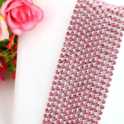 Pink 1 ярд/шт, 30 цветов, стеклянные хрустальные стразы на цепочке, Серебряное дно, Пришивные цепочки для рукоделия, украшения сумок для одежды - Цвет: Pink