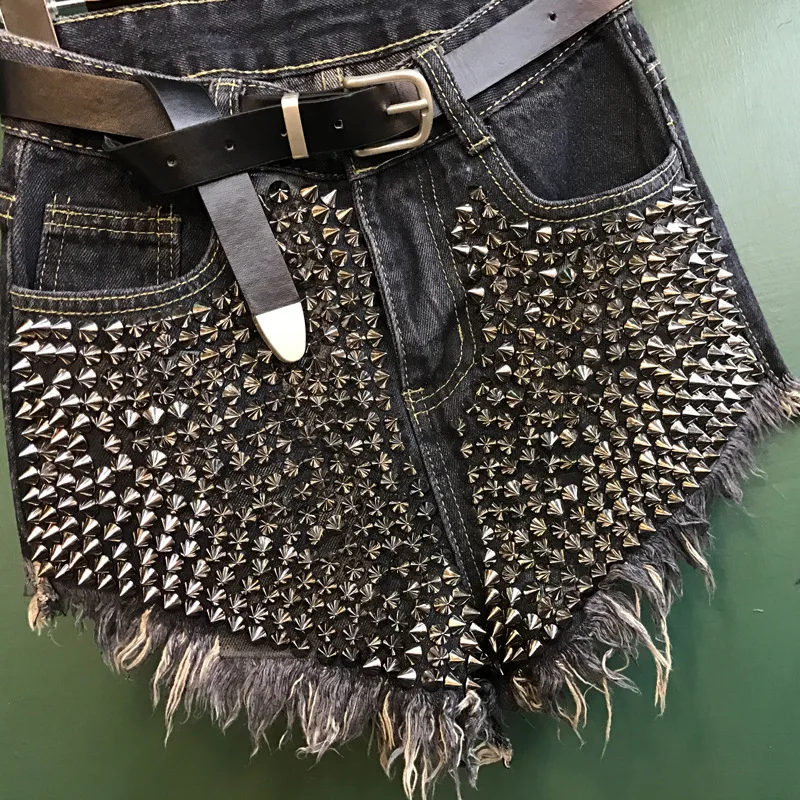 2018 Женская одежда с высокой талией заклепками и кисточками потертые джинсовые