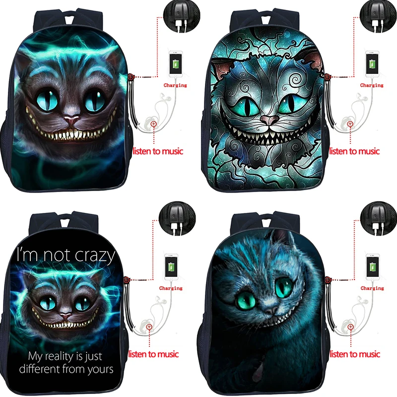 Чеширская кошка USB зарядка сумки для мужчин женщин мальчиков девочек рюкзак мода usb зарядка Рюкзак для ноутбука красивый холщовый рюкзак