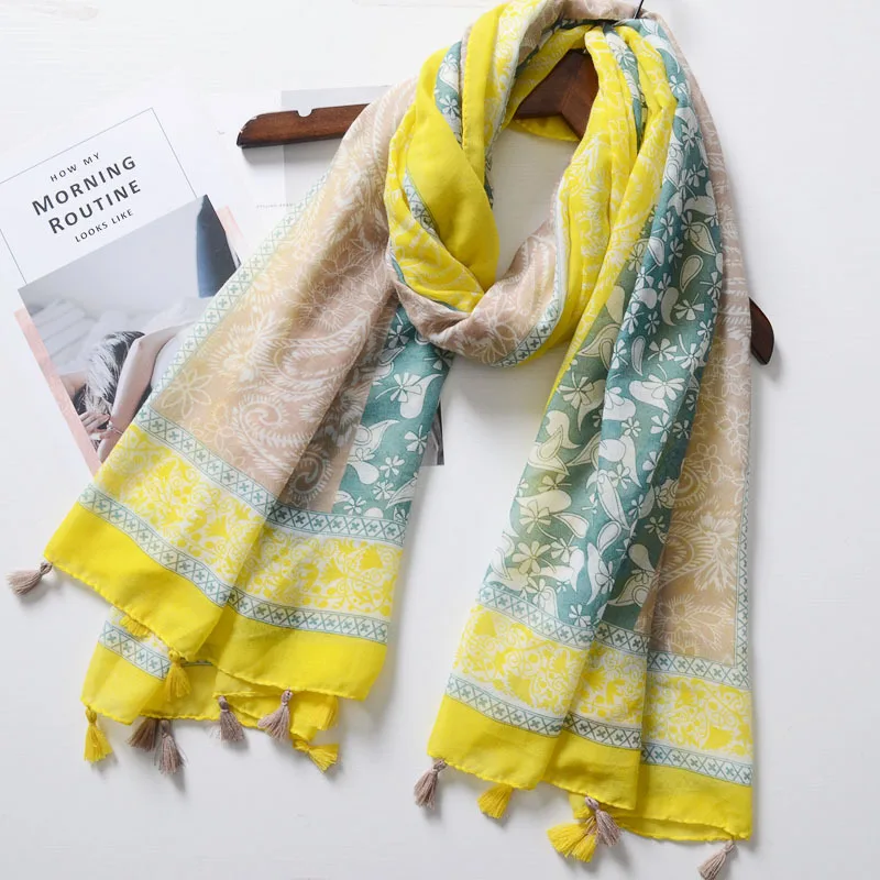 Женские Элегантные шарфы из хлопка с цветочным принтом и птицами длинный теплый