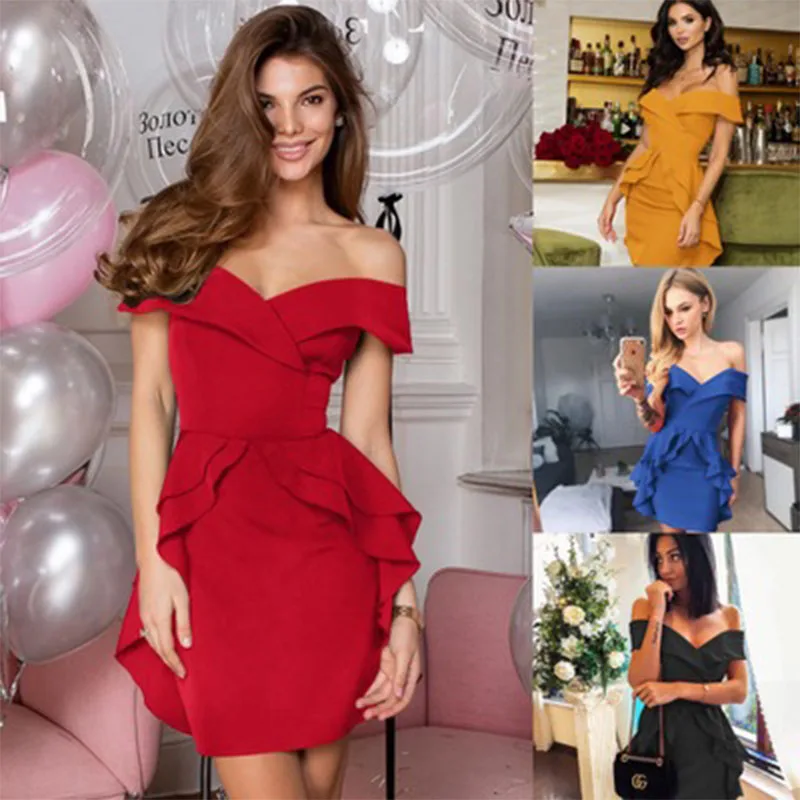 2019 Новое однотонное женское короткое платье с вырезом-лодочкой сексуальные