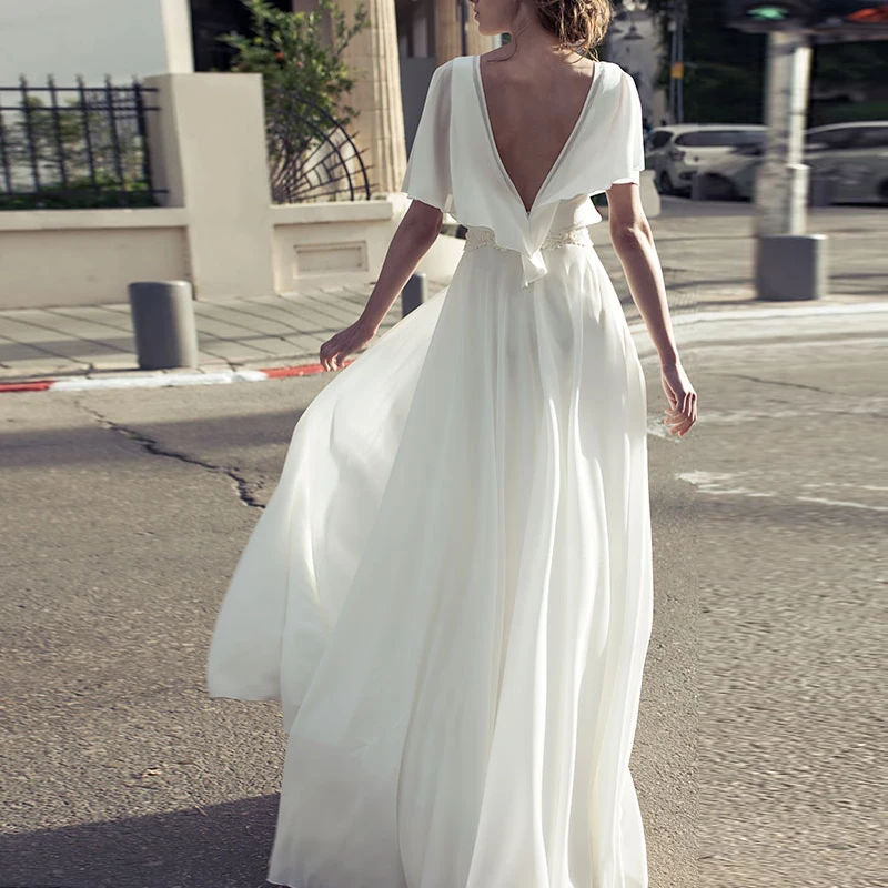 Женское длинное пляжное платье белое шифоновое вечернее с коротким рукавом и