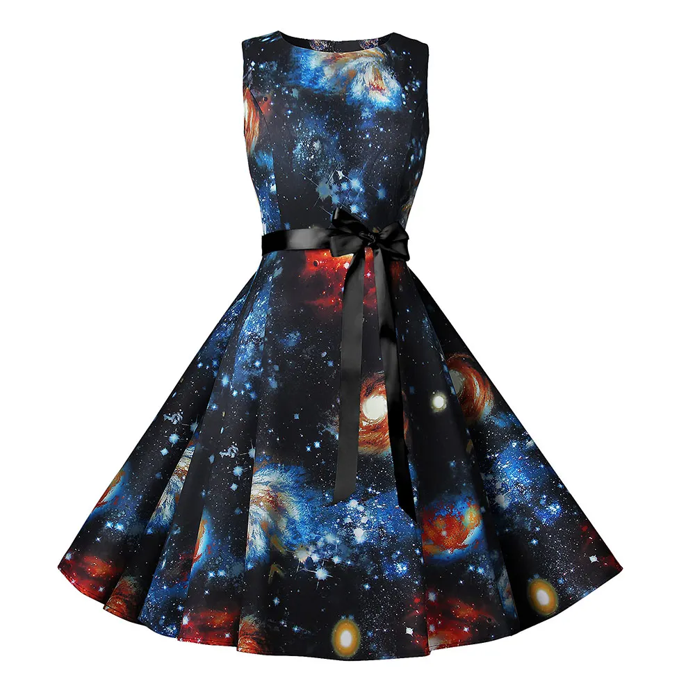 Summer Dress Women New Planet Print Vintage With Belt Sleeveless Elegant Lace Party Retro 50s 60s Country Dresses Sundress | Женская