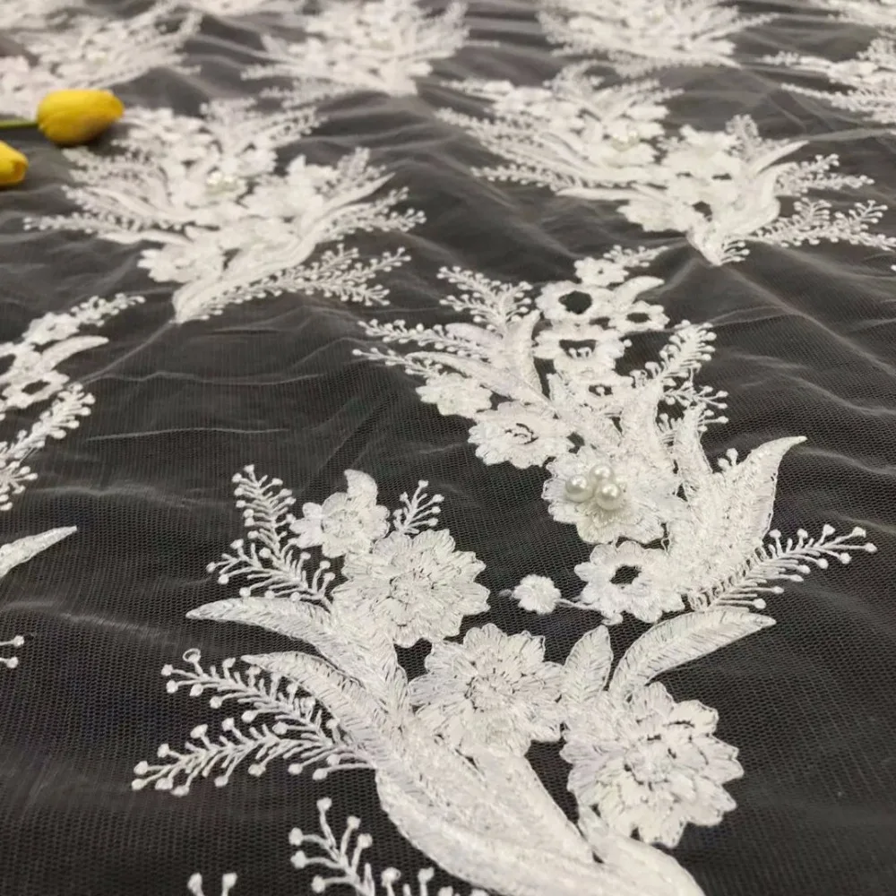 African lace 3D applique fabric high quality beaded French chiffon white wedding dress YYZ678-23 | Дом и сад