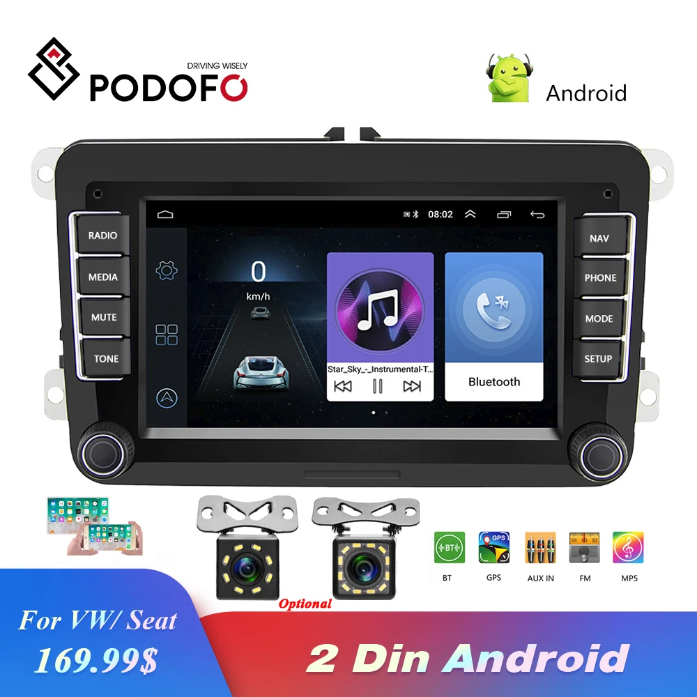 Podofo радио 2 Din " Android автомобильный мультимедийный плеер автомобиля стерео wifi gps навигация Авторадио для Skoda VW Passat B6 Polo Golf