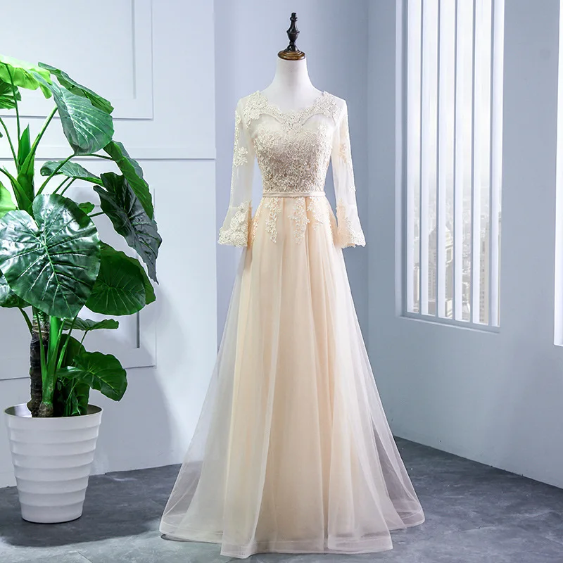 Красивые кружевные платья подружки невесты цвета шампань 2019 длинные длиной до 4