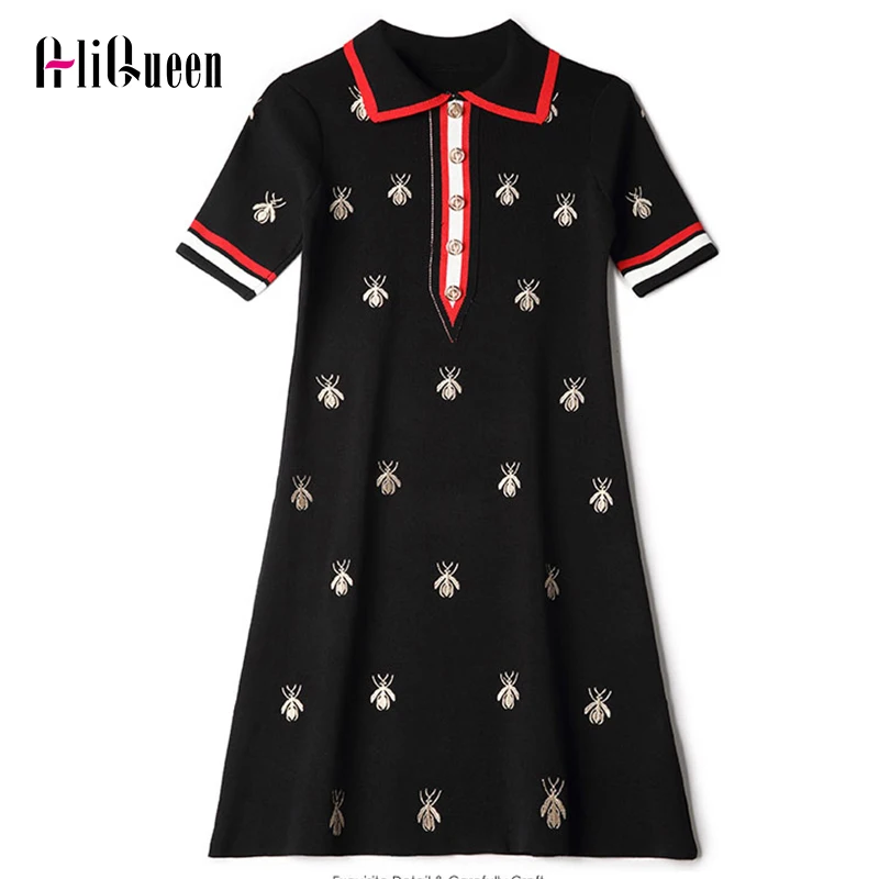 Летние женские отложной воротник с вышивкой пчелы вязанные Мини платья в