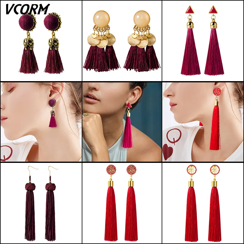 

VCORM Bohemian Gold Long Tassel Drop Earrings for Women Fashion Geometric Pompom Crystal Resin Fringe Dangle Earring Jewelry