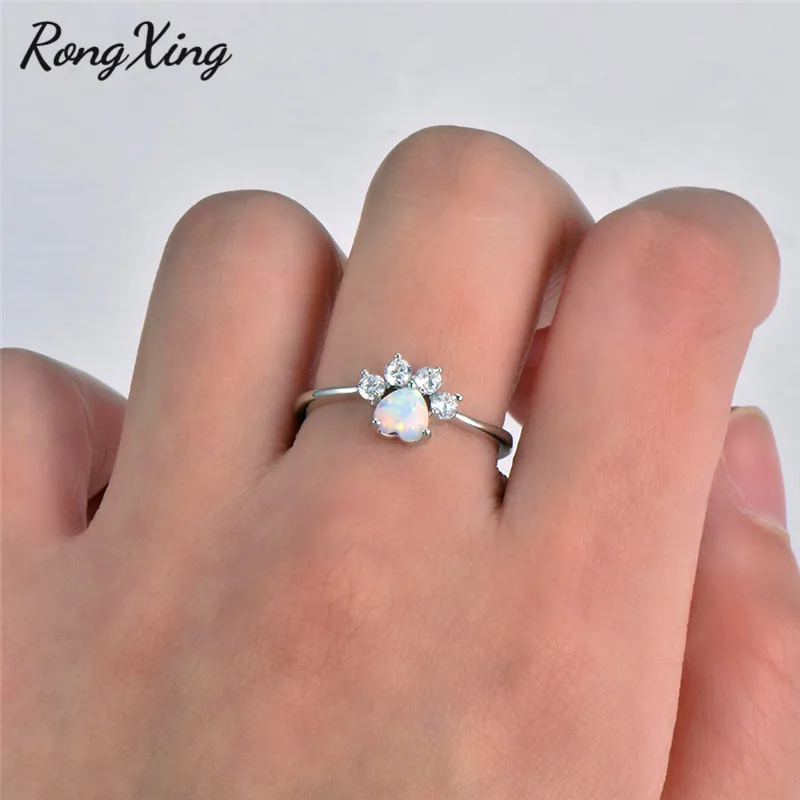Rongxing стильный Кот Bear Paw Белый огненный опал след Кольца для Для женщин Белое Золото Заполненные Циркон собака когти палец кольцо RW1857