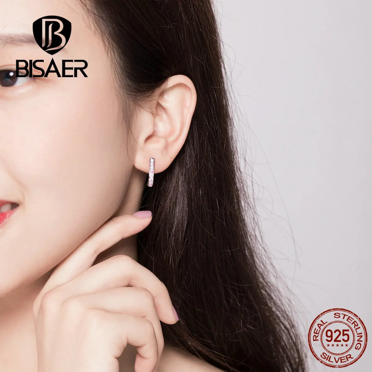 BISAER, серьги с розовым цирконием, 925 пробы, серебро, простые, кубический циркон, серьги-гвоздики для женщин, роскошные свадебные ювелирные изделия ECE658