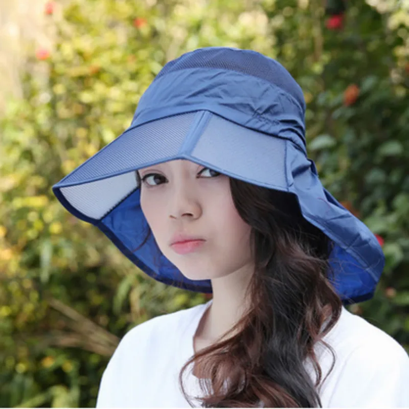 Женская дышащая пляжная шляпа с широкими полями однотонная защитой шеи летняя