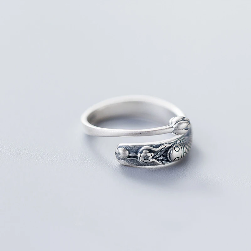 925 Sterling Silver MloveAcc Ретро Винтаж 925 пробы Серебряная рыба кольцо этнические Карп Cyprinoid плавание под цветок лотоса ювелирные изделия - Цвет основного камня: 925 Sterling Silver