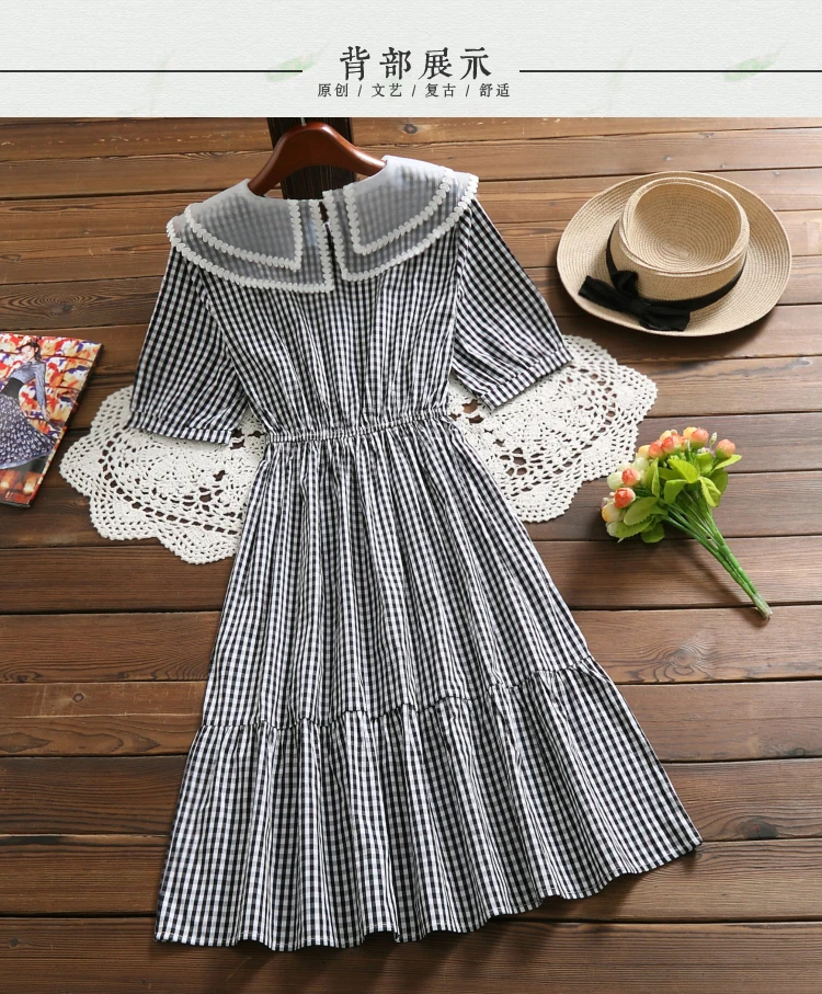 Mori girl элегантное милое платье в клетку Новая мода короткий рукав Винтаж хлопок vestidos