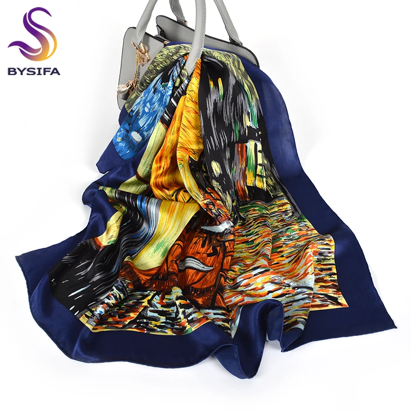 [BYSIFA] темно синие шарфы модный бренд масляной живописи кафе дизайн 100% шелковый