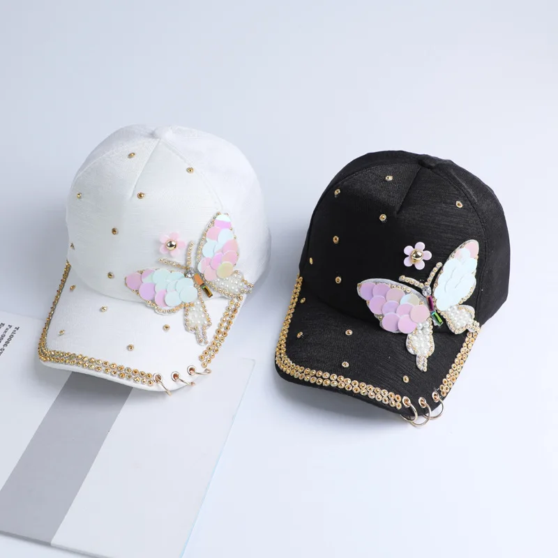 

Summer Plain Cotton Women Metal Baseball Cap Snapback Hip Hop Caps 2018 Casual Butterfly Sequins Baseball Caps Hats