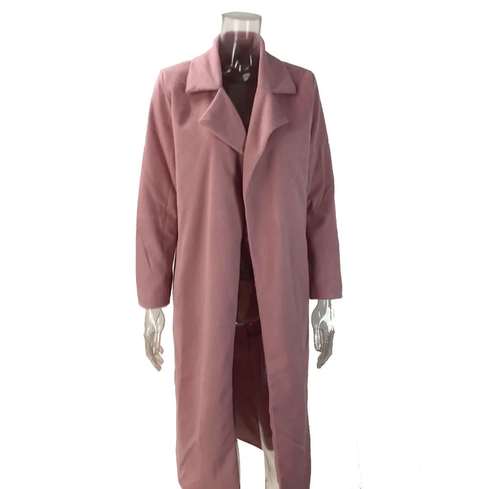 Pink Зимнее женское длинное пальто, парка с отворотом, куртка, кардиган, пальто, верхняя одежда,, однотонное женское длинное шерстяное пальто с открытой строчкой - Цвет: Pink