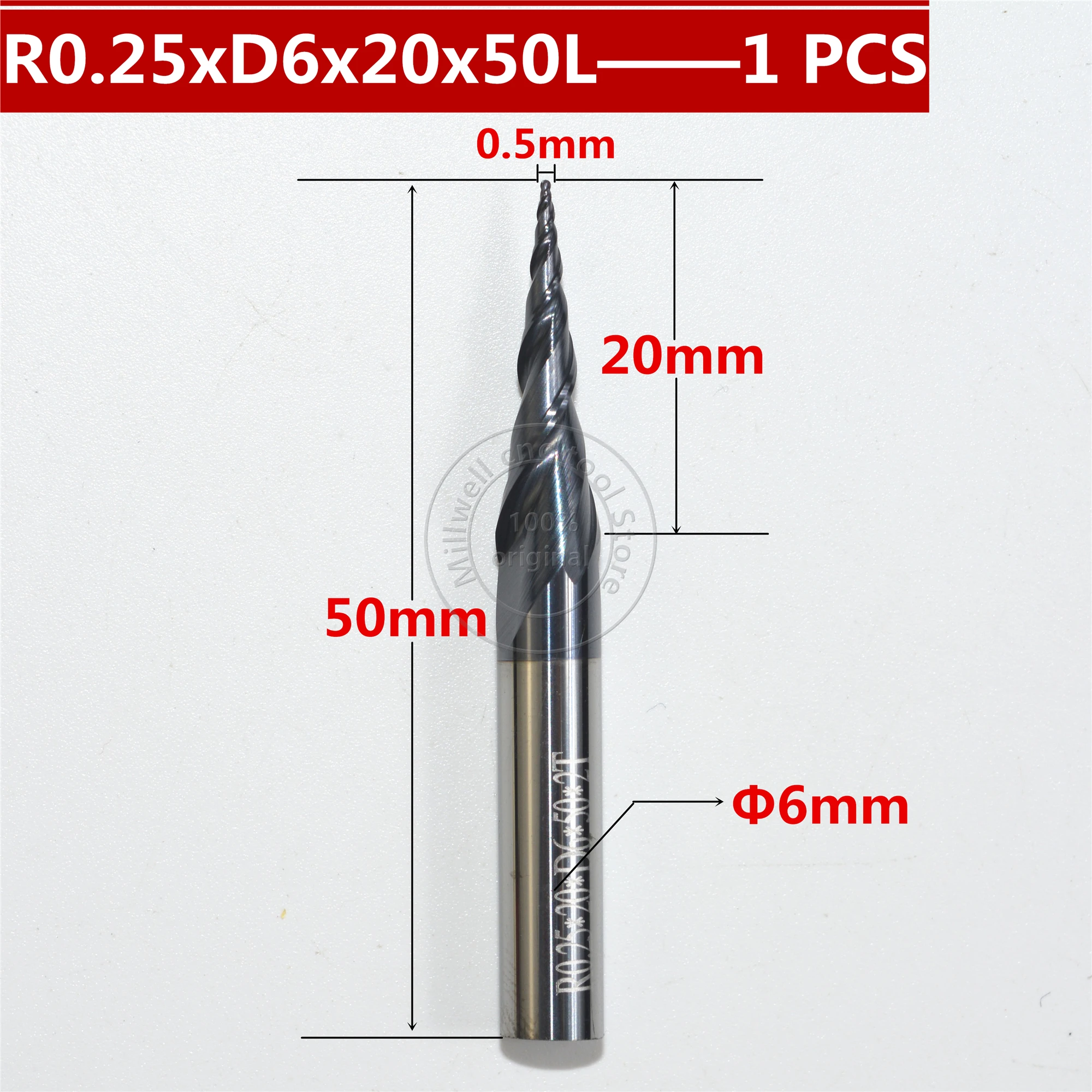 Бесплатная идентификация R0.25 * D6 20 50L 2F HRC55 вольфрамовое твердое Карбидное