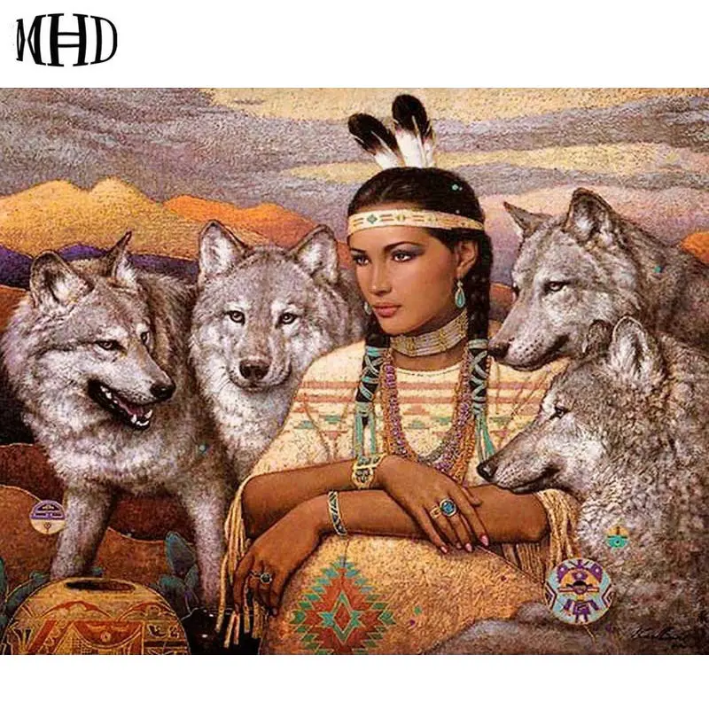 

3D Diamond painting indian woman wolf full square & round 5d diamond embroidery cross stitch decorative painting rhinestone wolf