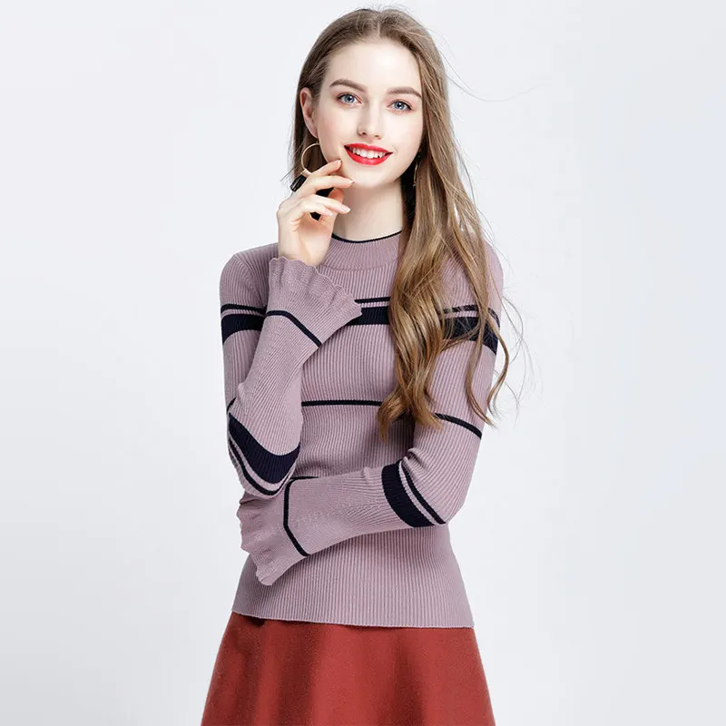 2018 spring new ladies sweater round neck trumpet sleeve long sleeves Korean fashion slim slimming top coat female A8819 | Женская