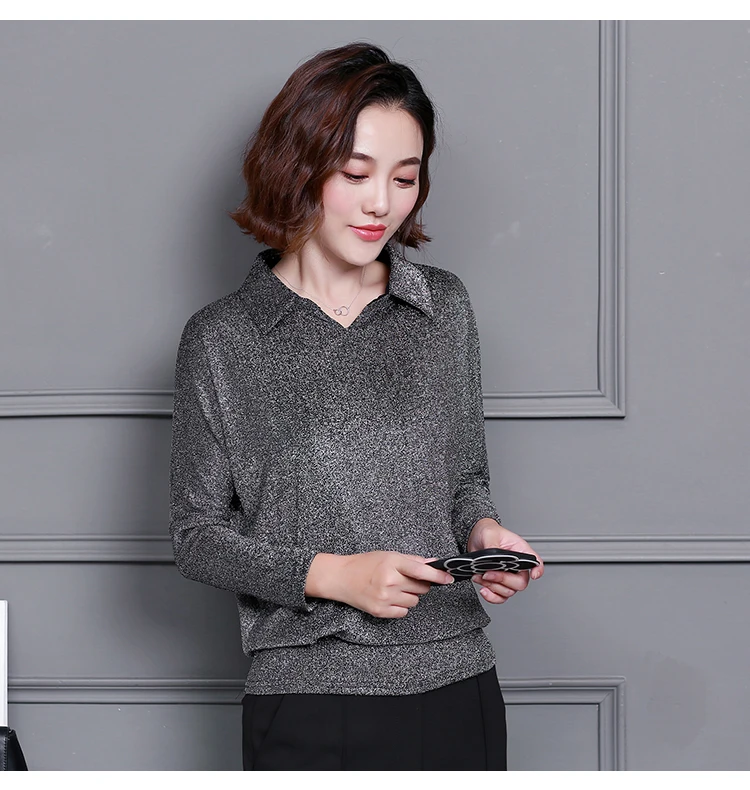 Blusas Mujer De Moda, корейский стиль, блестящий люрекс, Женские топы и блузки размера плюс, длинный рукав, блуза с блестками, уличная одежда, рубашки
