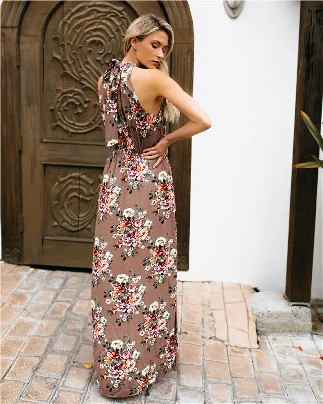 Женское длинное пляжное платье с лямкой на шее Летнее Длинное без рукавов