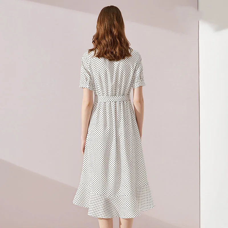 Ruffle Polkadot Print Summer Dress Vintage Irregular Wrap Women V Neck Short Sleeve ALine High Waist Elegant Dresses | Женская одежда