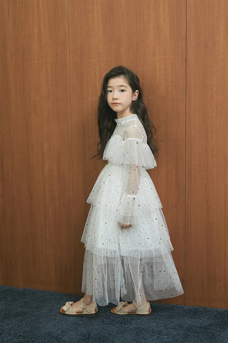 INS/вечерние Макси-Платья принцессы для девочек, сетчатая одежда со звездами на свадьбу и день рождения, весна-лето, новое платье для маленьких девочек 4, 5, 6, 8, 10 лет