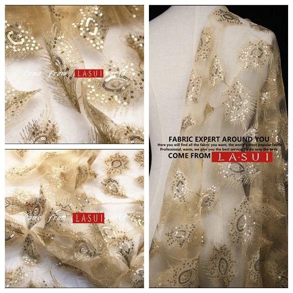LASUI золотые павлиньи перья вышивка Блестки Ткань Сделай Сам вечернее платье